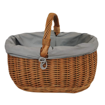 Großer Einkaufskorb aus Weide oval Braun mit Stoff grau 46x32x35 cm