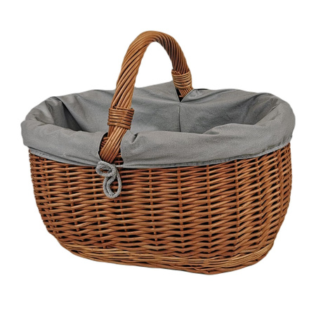 Großer Einkaufskorb aus Weide oval Braun mit Stoff grau 46x32x35 cm