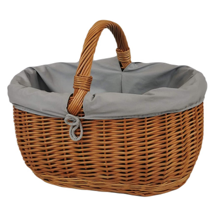 Großer Einkaufskorb aus Weide oval Braun mit Stoff grau 46x32x35 cm